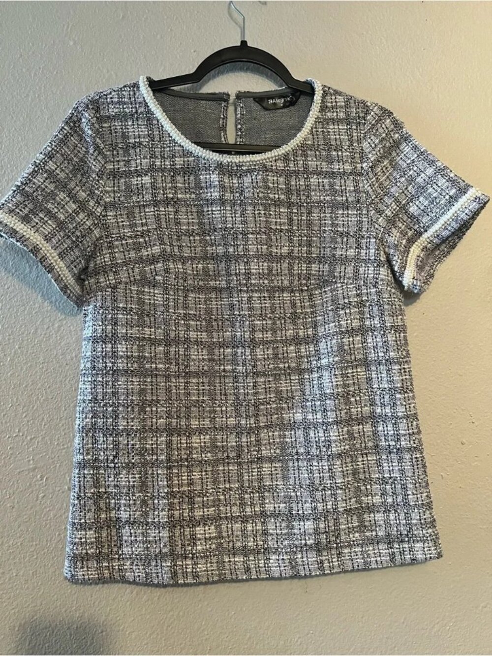 Allegra K Women's Round Neck Pearl Trim Short Sleeve Tweed Blouse M